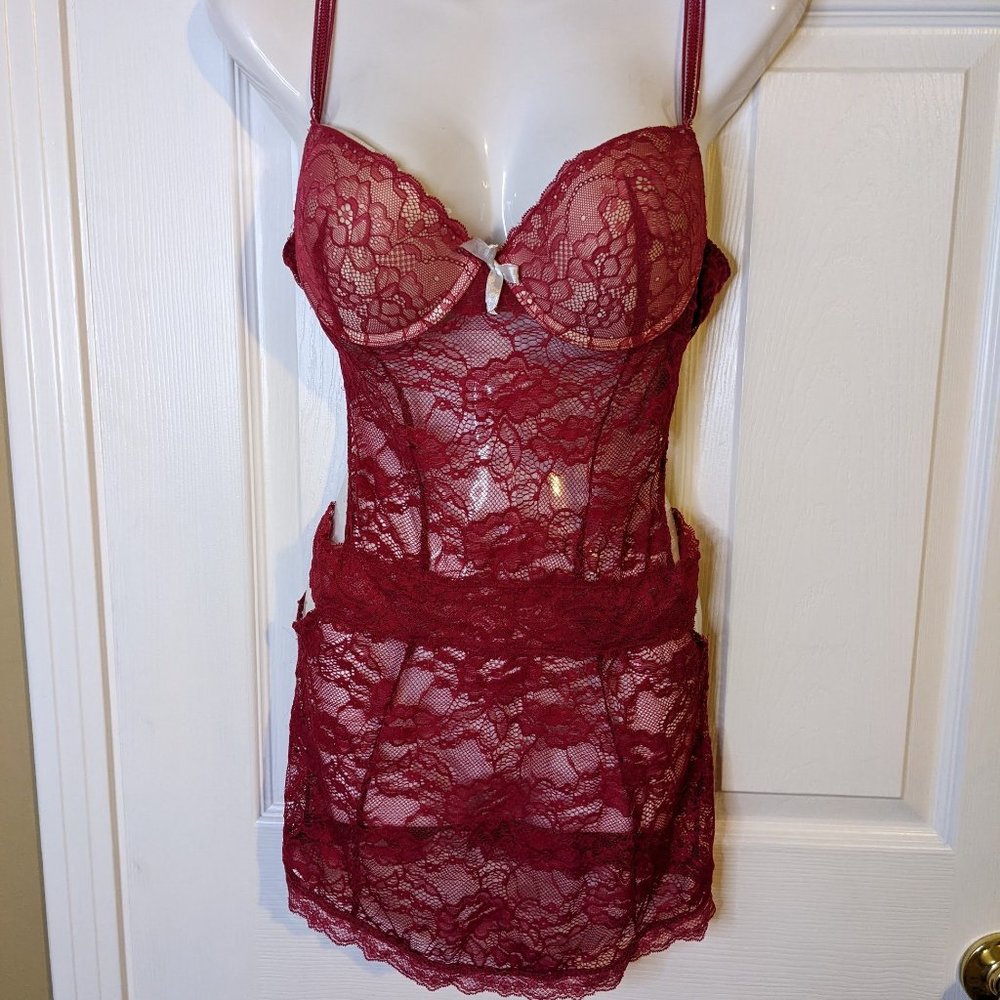 French Affair Dark Pink Lace Cut Out Fitted Babydoll Sexy Lingerie  - size L